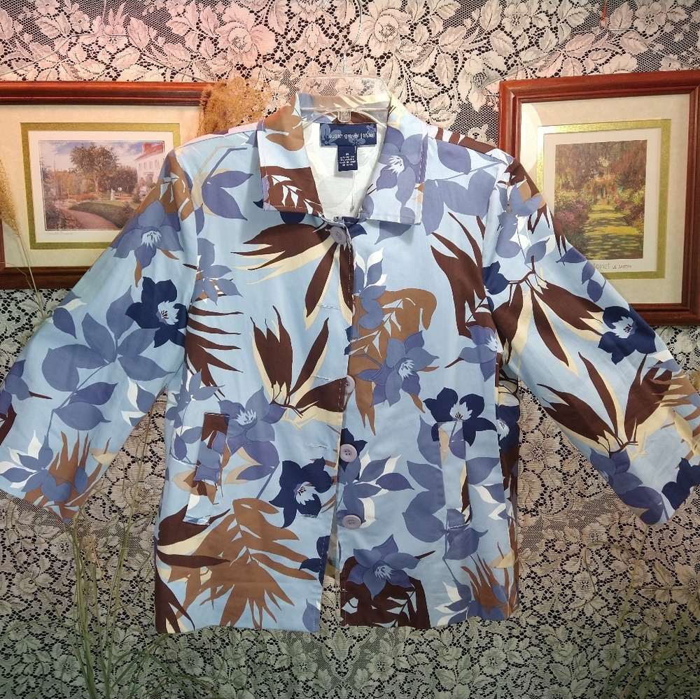 Susan Graver blue and brown floral abstract print button up jacket shoulder pads